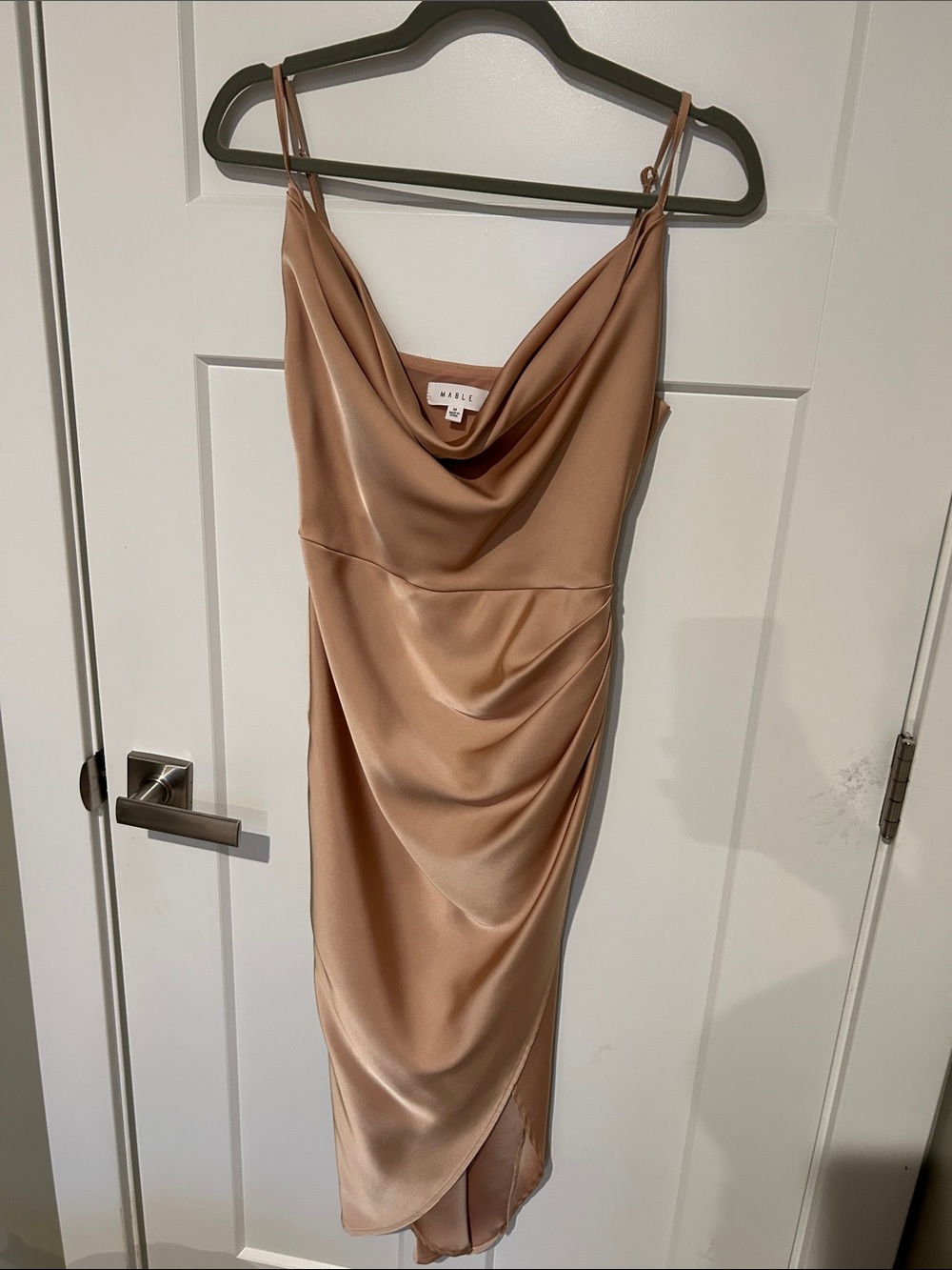 Mabel Satin Cowl Slip Midi Dress in Blush Champagne